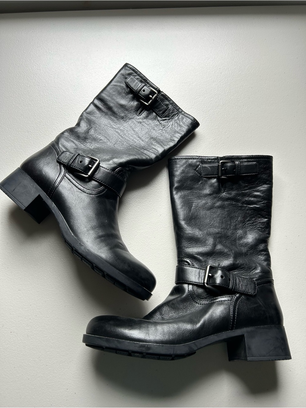 Prada Black Leather Double Buckle Moto Biker Mid Calf Boots EU 38 Vintage